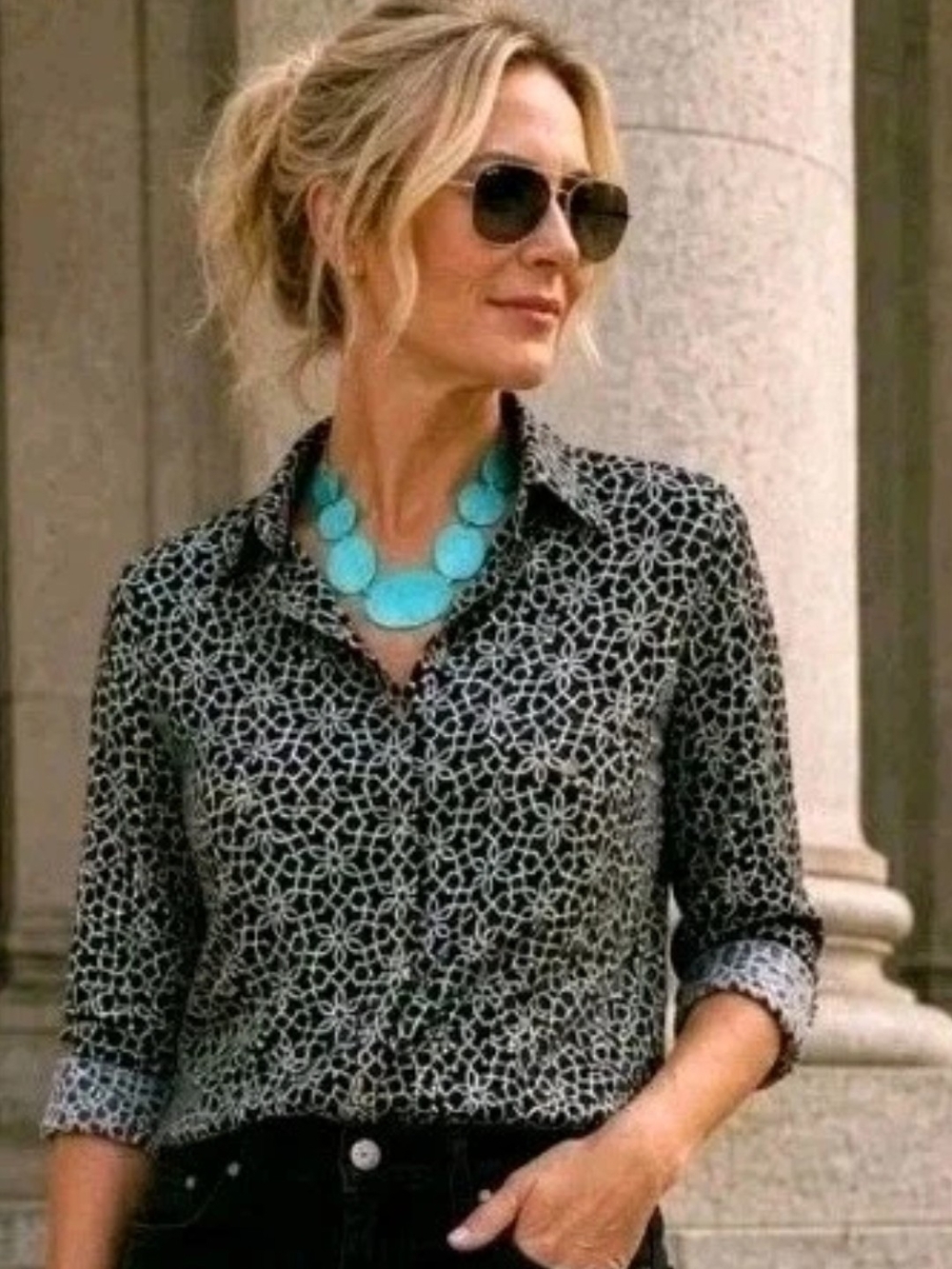 Womens Black & White Patterned Collared Button-Up Shirt